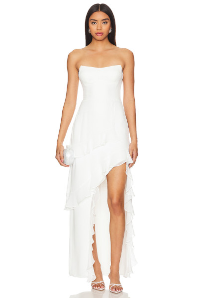 Hot Sale Elegant Strapless Mid Weight Chiffon Ruffled High Slit White Maxi Dress for Women