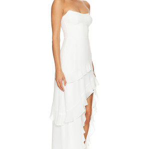 Hot Sale Elegant Strapless Mid Weight Chiffon Ruffled High Slit White Maxi Dress for Women