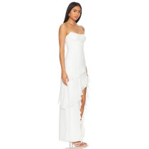 Hot Sale Elegant Strapless Mid Weight Chiffon Ruffled High Slit White Maxi Dress for Women