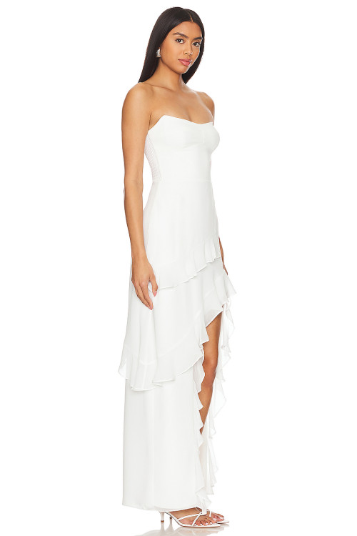 Hot Sale Elegant Strapless Mid Weight Chiffon Ruffled High Slit White Maxi Dress for Women