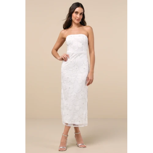 Elegant Bandeau Neckline Sleeveless Tight Waist Side High Slit Floral Embroidered  Dress