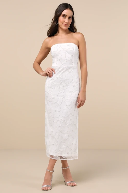 Elegant Bandeau Neckline Sleeveless Tight Waist Side High Slit Floral Embroidered  Dress