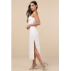Elegant Bandeau Neckline Sleeveless Tight Waist Side High Slit Floral Embroidered  Dress