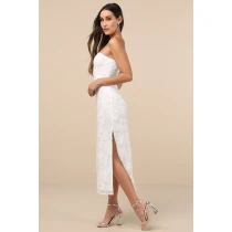 Elegant Bandeau Neckline Sleeveless Tight Waist Side High Slit Floral Embroidered  Dress