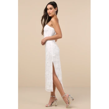 Elegant Bandeau Neckline Sleeveless Tight Waist Side High Slit Floral Embroidered  Dress