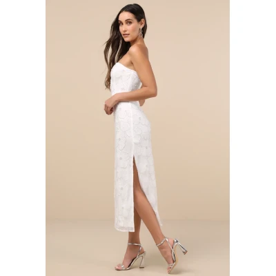 Elegant Bandeau Neckline Sleeveless Tight Waist Side High Slit Floral Embroidered  Dress