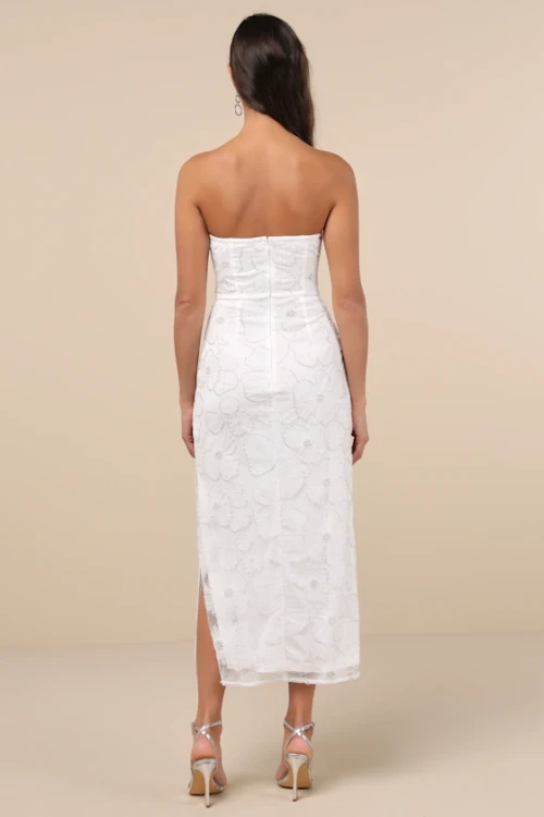 Elegant Bandeau Neckline Sleeveless Tight Waist Side High Slit Floral Embroidered  Dress