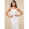 Elegant Bandeau Neckline Sleeveless Tight Waist Side High Slit Floral Embroidered  Dress