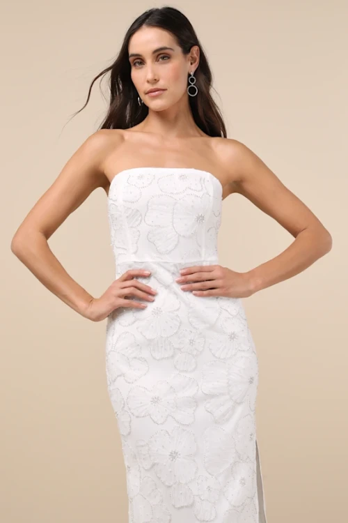 Elegant Bandeau Neckline Sleeveless Tight Waist Side High Slit Floral Embroidered  Dress