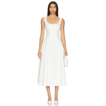 Elegant White Square Neck Sleeveless High Waist Puff Hem Midi Dress for Women