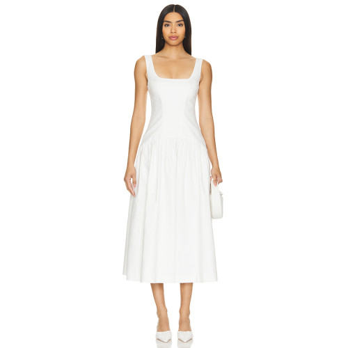 Elegant White Square Neck Sleeveless High Waist Puff Hem Midi Dress for Women
