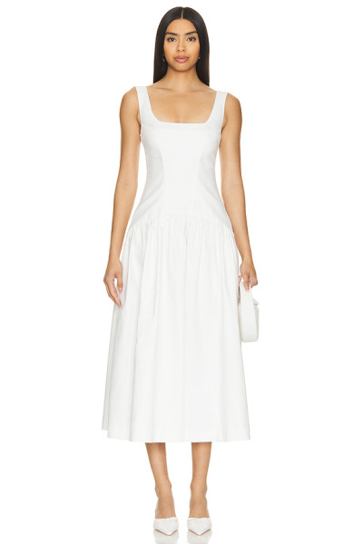 Elegant White Square Neck Sleeveless High Waist Puff Hem Midi Dress for Women