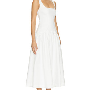 Elegant White Square Neck Sleeveless High Waist Puff Hem Midi Dress for Women