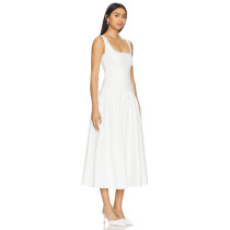 Elegant White Square Neck Sleeveless High Waist Puff Hem Midi Dress for Women