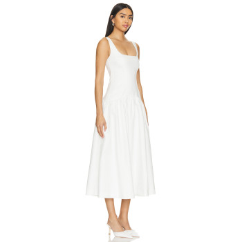 Elegant White Square Neck Sleeveless High Waist Puff Hem Midi Dress for Women