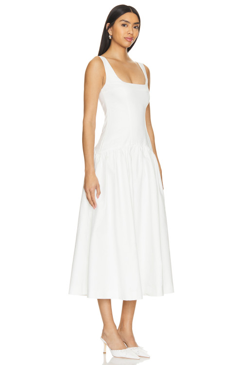 Elegant White Square Neck Sleeveless High Waist Puff Hem Midi Dress for Women