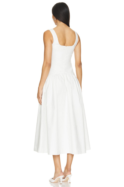 Elegant White Square Neck Sleeveless High Waist Puff Hem Midi Dress for Women
