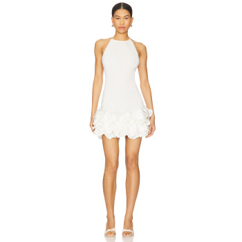 Fashionable Sweet Midweight Plisse Fabric Ruffled Hem Halter Style Backless Knitted Dress