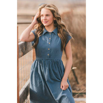 Woman's Pastoral Button front Elegant Freedom Girls Pleat Plaid Dress Ladies Midi Dress