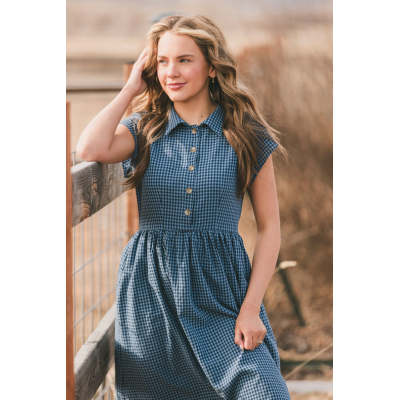 Woman's Pastoral Button front Elegant Freedom Girls Pleat Plaid Dress Ladies Midi Dress