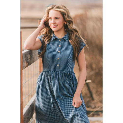 Woman's Pastoral Button front Elegant Freedom Girls Pleat Plaid Dress Ladies Midi Dress