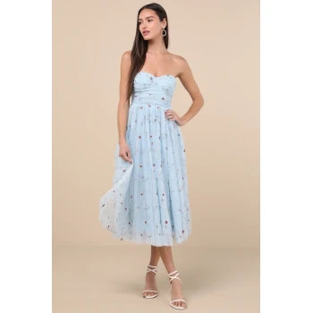 Elegant Bandeau Neckline Sleeveless Ruffle Tight Waist Floral Embroidered  Dress