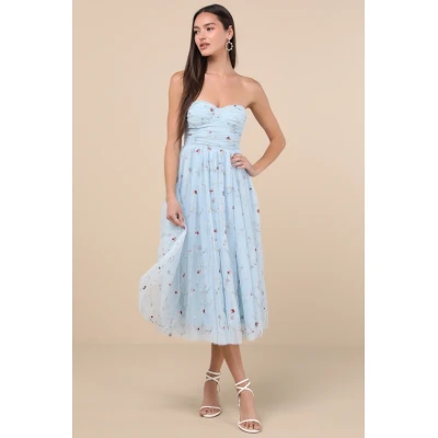 Elegant Bandeau Neckline Sleeveless Ruffle Tight Waist Floral Embroidered  Dress