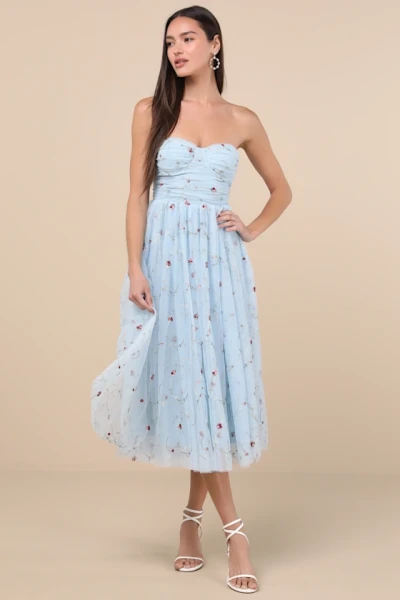 Elegant Bandeau Neckline Sleeveless Ruffle Tight Waist Floral Embroidered  Dress