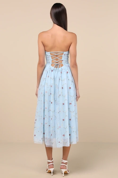 Elegant Bandeau Neckline Sleeveless Ruffle Tight Waist Floral Embroidered  Dress
