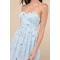 Elegant Bandeau Neckline Sleeveless Ruffle Tight Waist Floral Embroidered  Dress