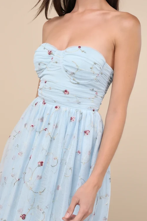 Elegant Bandeau Neckline Sleeveless Ruffle Tight Waist Floral Embroidered  Dress