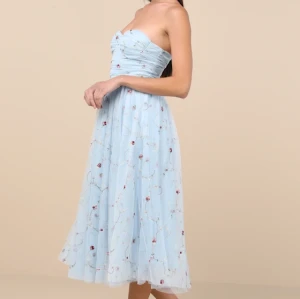 Elegant Bandeau Neckline Sleeveless Ruffle Tight Waist Floral Embroidered  Dress
