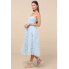 Elegant Bandeau Neckline Sleeveless Ruffle Tight Waist Floral Embroidered  Dress