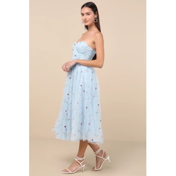 Elegant Bandeau Neckline Sleeveless Ruffle Tight Waist Floral Embroidered  Dress