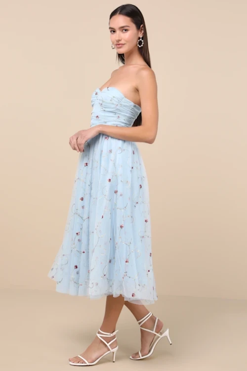 Elegant Bandeau Neckline Sleeveless Ruffle Tight Waist Floral Embroidered  Dress