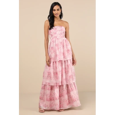 Elegant Bandeau Neckline Open Back Ruffle Tight Waist Floral Print Tiered Skirt