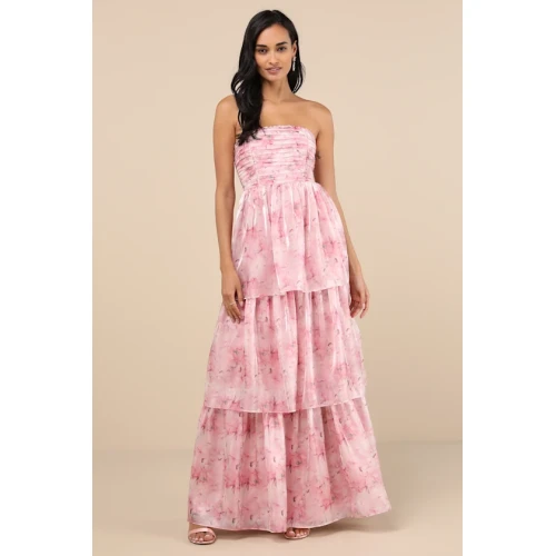 Elegant Bandeau Neckline Open Back Ruffle Tight Waist Floral Print Tiered Skirt