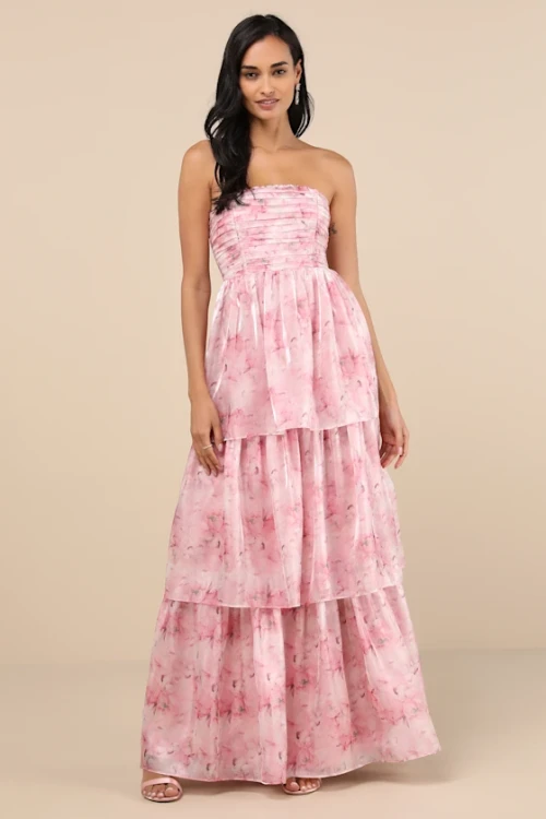 Elegant Bandeau Neckline Open Back Ruffle Tight Waist Floral Print Tiered Skirt