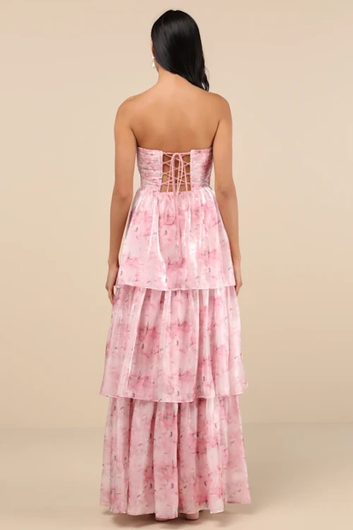 Elegant Bandeau Neckline Open Back Ruffle Tight Waist Floral Print Tiered Skirt