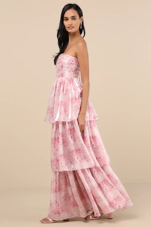 Elegant Bandeau Neckline Open Back Ruffle Tight Waist Floral Print Tiered Skirt