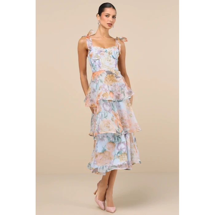 Elegant Sweetheart Neckline Sleeveless Open Back Tight Waist Floral Print Tiered Skirt