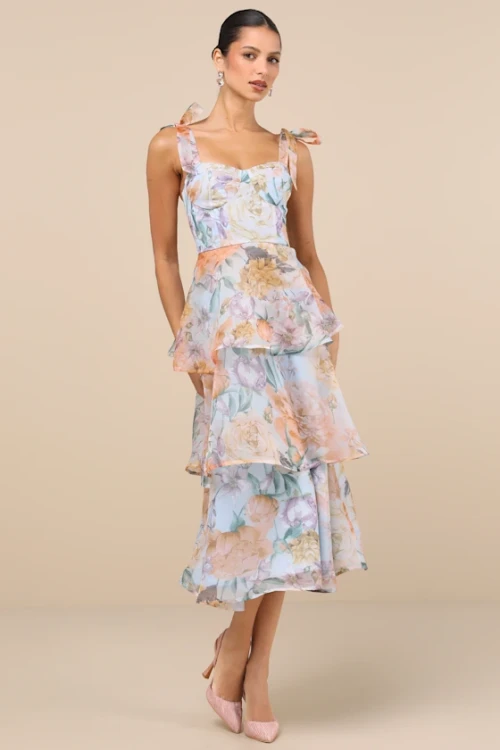 Elegant Sweetheart Neckline Sleeveless Open Back Tight Waist Floral Print Tiered Skirt