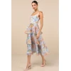 Elegant Sweetheart Neckline Sleeveless Open Back Tight Waist Floral Print Tiered Skirt