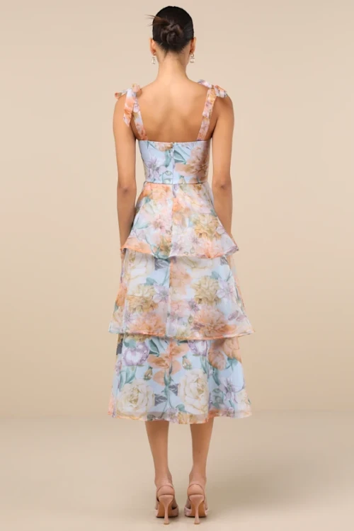 Elegant Sweetheart Neckline Sleeveless Open Back Tight Waist Floral Print Tiered Skirt