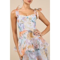 Elegant Sweetheart Neckline Sleeveless Open Back Tight Waist Floral Print Tiered Skirt