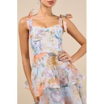 Elegant Sweetheart Neckline Sleeveless Open Back Tight Waist Floral Print Tiered Skirt