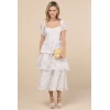 Elegant Square Neckline Puff Sleeve Ruffle Tight Waist Floral Embroidered Tiered Skirt