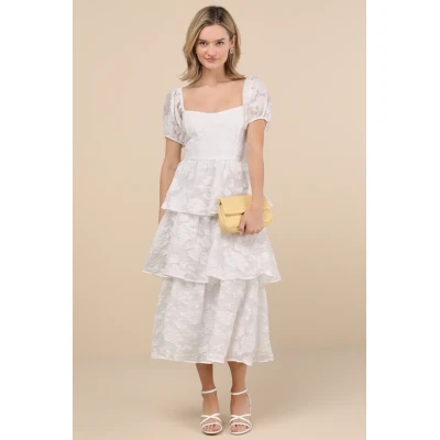 Elegant Square Neckline Puff Sleeve Ruffle Tight Waist Floral Embroidered Tiered Skirt