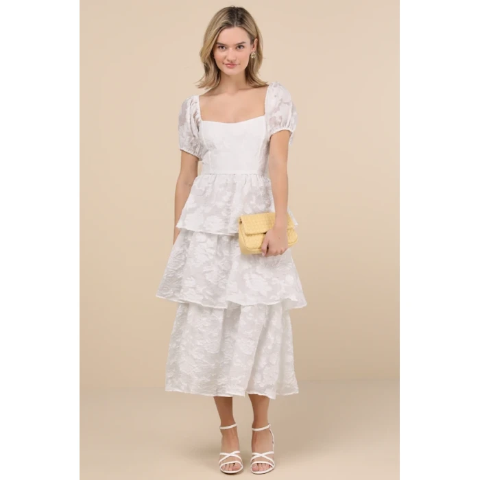Elegant Square Neckline Puff Sleeve Ruffle Tight Waist Floral Embroidered Tiered Skirt