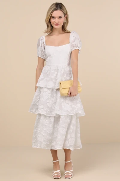 Elegant Square Neckline Puff Sleeve Ruffle Tight Waist Floral Embroidered Tiered Skirt